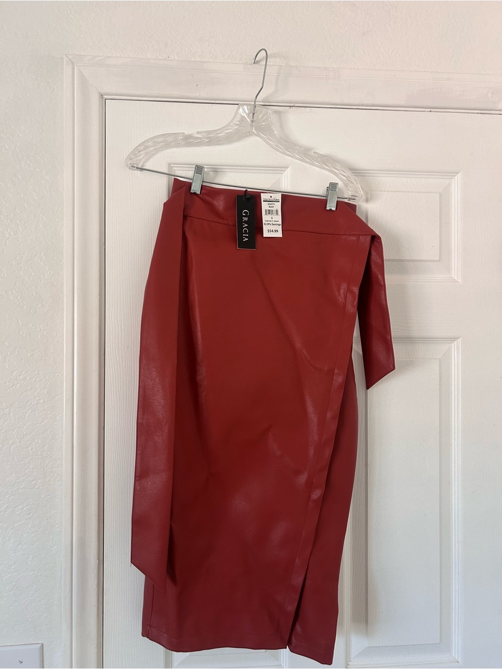Gracia Brick Red Faux Leather Midi Skirt